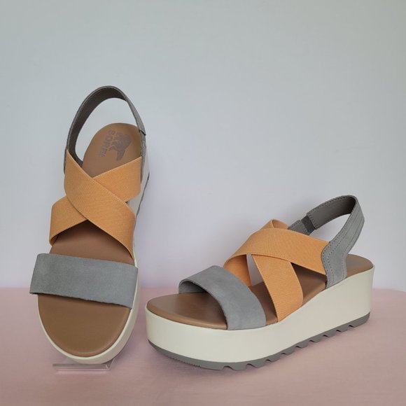 SOREL Cameron Flatform Slingback Suede/Fabric Sandals-Chrome Grey/Chalk Size 9⭐ - Picture 4 of 16